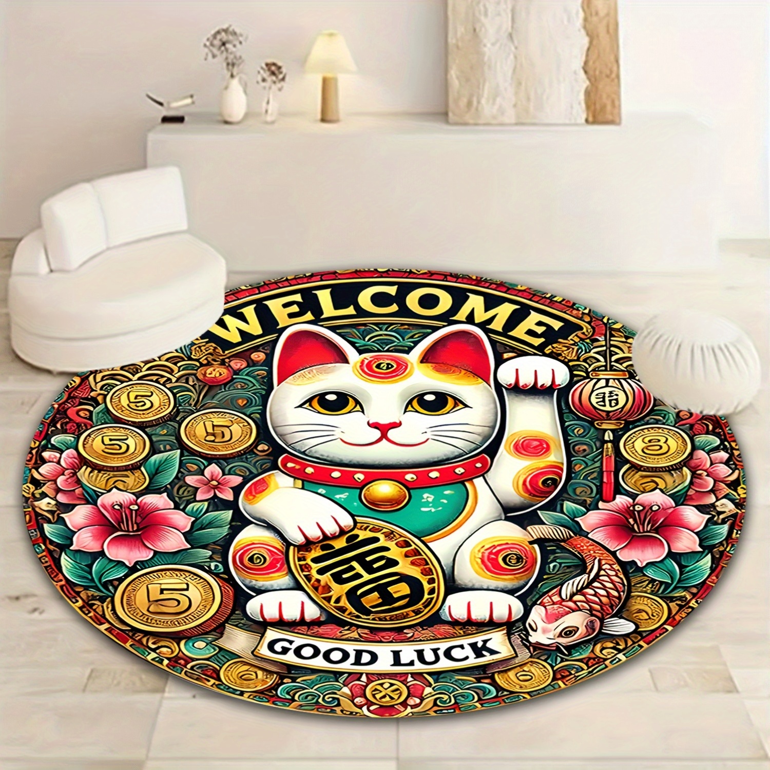 Chinese Lucky Cat Round Rug We - Home Goods Bathroom Rugs ulasan dan harga