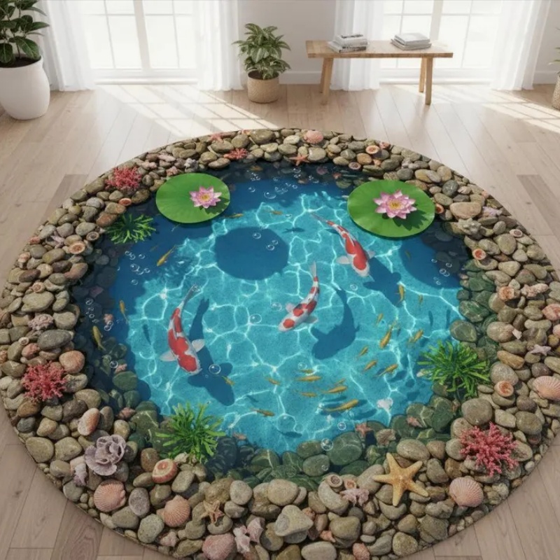 2D Visual Koi Fish Pond Round  - Home Goods Bathroom Rugs ulasan dan harga