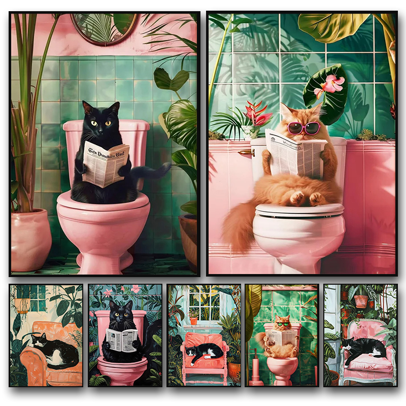 Funny Cat on Toilet Wall Art C - Home Bathroom Pictures ulasan dan harga